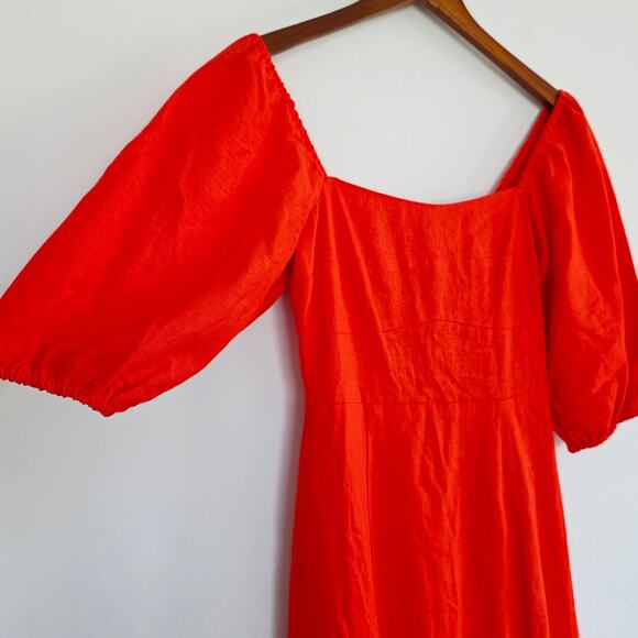 Avec Les Filles Coral Orange Puff Sleeve Side Slit Tiered Midi Dress Sz 2 XS - Picture 5 of 11